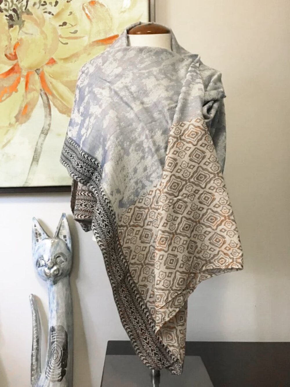 Cashmere Tribal Pattern Throw Scarf Shawl Ice Blue Mocha Cream